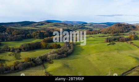 Vista aerea della Fleet Valley National Scenic Area in autunno, vicino a Gatehouse of Fleet, Dumfries & Galloway, Scozia Foto Stock