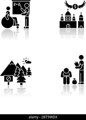 Set di icone glifo nero ombra servizio sociale Illustrazione Vettoriale