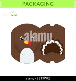 Adorabile festa fai da te favola per compleanni, acquazzoni per bambini con tacchino carino per dolci, caramelle, piccoli regali, panetteria. Schema colori stampabile. Illustrazione Vettoriale