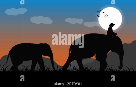 Immagine di silhouette elefante nero con elefante mahout camminando alla foresta con montagna e Luna sfondo sera vettore di luce Illustrazione Illustrazione Vettoriale