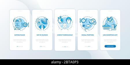 Spazio per mangiare e dimensioni della porzione sullo schermo della pagina dell'app mobile con i concetti. Masticare completamente la procedura dettagliata 5 passi istruzioni grafiche. Vettore UI Illustrazione Vettoriale