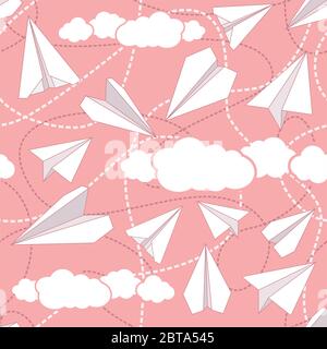 Modello vettoriale senza giunture piani carta. Ripetizione dello sfondo astratto con piani di carta. Struttura degli aeroplani da papercraft. Aerei di carta che volano nelle nuvole. Illustrazione Vettoriale