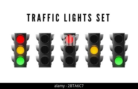 Serie di semafori realistici. Segnale stradale rosso giallo e verde. Illustrazione vettoriale isolata Illustrazione Vettoriale