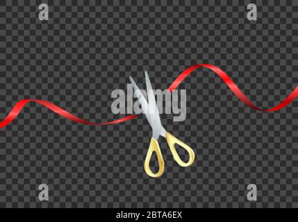 Forbici con manici dorati tagliano nastro di seta rossa. Grande cerimonia di apertura. Inizia la festa. Illustrazione vettoriale realistica isolata su bac trasparente Illustrazione Vettoriale