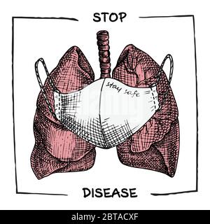 Polmoni con maschera medica. Icona realistica disegnata a mano degli organi interni umani. Incisione art. Stile di schizzo. Progettazione per i progetti medici Illustrazione Vettoriale