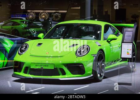 GINEVRA, SVIZZERA - 6 marzo 2018: Porsche 911 GT3 RS nel sito espositivo di Porsche Schweiz AG nell'ottantottava fiera internazionale di Ginevra a Palexpo Foto Stock