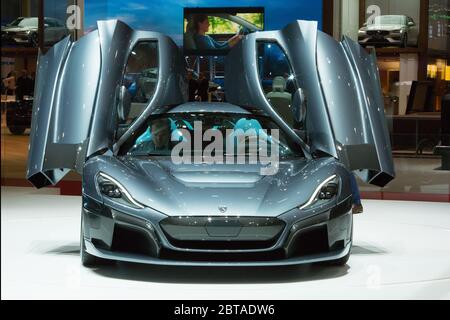 GINEVRA, SVIZZERA - 6 marzo 2018: Rimac C Two nel sito espositivo di Rimac automobili dell'ottava edizione del Salone Internazionale dell'automobile di Ginevra a Palexpo Foto Stock