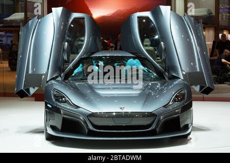 GINEVRA, SVIZZERA - 6 marzo 2018: Rimac C Two nel sito espositivo di Rimac automobili dell'ottava edizione del Salone Internazionale dell'automobile di Ginevra a Palexpo Foto Stock