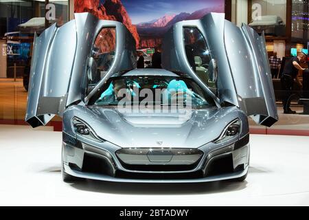 GINEVRA, SVIZZERA - 6 marzo 2018: Rimac C Two nel sito espositivo di Rimac automobili dell'ottava edizione del Salone Internazionale dell'automobile di Ginevra a Palexpo Foto Stock