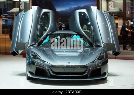 GINEVRA, SVIZZERA - 6 marzo 2018: Rimac C Two nel sito espositivo di Rimac automobili dell'ottava edizione del Salone Internazionale dell'automobile di Ginevra a Palexpo Foto Stock