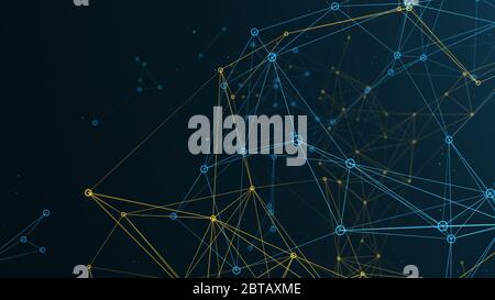 Nodi di rete collegati blu e giallo su sfondo nero Foto Stock