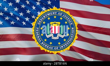 FBI emblema sulla bandiera USA nel vento. Ufficio federale di investigazione sfondo bandiera, rendering 3d. Stati Uniti forza bandiera che ondulazione Closeup HD image.Fe Foto Stock