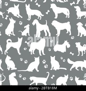 Schema di colori bianchi gatti e cani sfondo illustrazione su grigio. Raccolta di animali. Modello di superficie senza giunture. Illustrazione Vettoriale