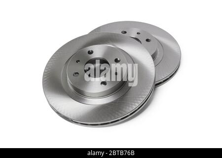 Gruppo dischi del freno anteriore dell'auto lato passeggero isolato su bianco Foto Stock