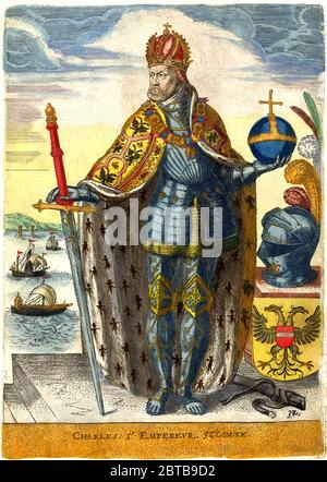 1550 ca, SPAGNA : il re di Spagna Carlo V d'ASBURGO ( 1500 - 1558 ) del Sacro Romano Impero e dell'Austria e dei Flandes ( Carle II d'Olanda ). Incisione di un artista francese sconosciuto dal libro HISTORIRE PLEINE DE MERVEILLE SUR LA MORT ( 1616 ) del publisher Estienne Richer ( 1570 c.- 1647 c.) a Parigi, Francia .- KARL - CARLO V Imperatore - Imperatore - Sacro Romano Impero - FIANDRE - OLANA - SPAGNA - NOBILITY - NOBILI - Nobiltà austriaca e spagnola - REGALITÀ - Casa Imperiale degli Asburgo - incisione - ritratto - ritratto - corona - corona - Toson d'Oro - ASBURGO - ASBURGO Foto Stock