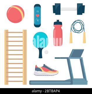 Set di attrezzature per il fitness, illustrazione vettoriale in stile piatto Illustrazione Vettoriale