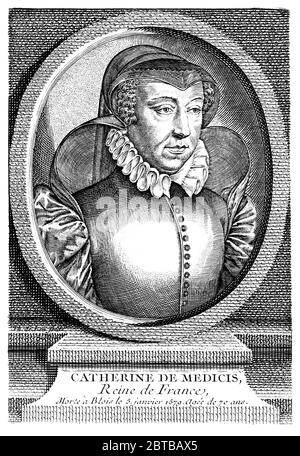 1575 ca, FRANCIA: Regina francese CATERINA DE' MEDICI ( 1519 - 1589 ), moglie del re Henri II de Valois ( 1519 - 1559 ), madre di 3 re: François II , Carlo IX ed Enrico III . - Catherine de' Medici - NOBILITY - NOBILI francesi - Nobiltà francese - FRANCIA - illustrazione - illustrazione - incisione - incisione - Regina di Francia - colletto - colletto - gorgiera - ricci - riccioli --- ARCHIVIO GBB Foto Stock
