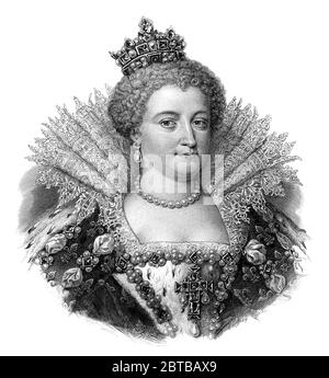 1610 c., FRANCIA: La regina francese MARIA DE MEDICI ( Marie , 1575 - 1642 ), moglie del re Enrico IV di Borbone madre del re Luigi XIII ( 1601 - 1643 ). Ritratto inciso nel 1845 da Geoffroy, dopo Frans Pourbus le Jeun , 1610 ca., Louvre , Parigi . - de' Medici - Médicis - NOBILITY - NOBILI francesi - Nobiltà francese - FRANCIA - illustrazione - illustrazione - incisione - incisione - Regina di Francia - colletto - colletto - ricci - pizzo - collana perle - collana di perle - Perla - orecchini - orecchini - corona - corona - lusso - lusso --- ARCHIVIO GBB Foto Stock