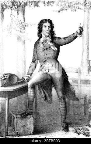 1794 ca , FRANCIA : la giornalista e politico francese rivoluzionario CAMILLE DESMOULINS ( 1760 - 1794 ). Ritratto inciso di artista sconosciuto, stampato nel 1835 . - ritratto - ritratto - STORIA - FOTO STORICHE - RIVOLTA FRANCESE - RIVOLUZIONE FRANCESE - cravatta bow - fiocco - cravatta - incisione - illustrazione - GIORNALISTA - GIORNALISMO - GIORNALISMO - AVVOCATO - AVVOCATO --- ARCHIVIO GBB Foto Stock