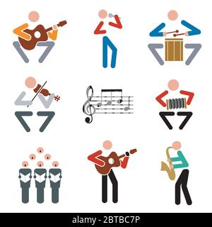 Musica, icone di musicisti. Set di simboli musicali colorati. Isolato su sfondo bianco.vettore disponibile. Vettore disponibile. Illustrazione Vettoriale
