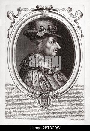 1480 ca, FRANCIA: Il re francese LUIGI XI Valois (1423-1483) dit le Prudent . Padre di Re Carlo VIII . Ritratto inciso di NICOLAS de LARMESSIN ( 1632 - 1694 9 , pubblicato nel 1690 - NOBILITY - NOBILI francesi - Nobiltà francese - FRANCIA - illustrazione - illustrazione - incisione - LUIGI XI Re di Francia -- ARCHIVIO GBB Foto Stock