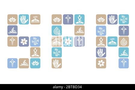 Iscrizione Spa con simboli spa e massaggi. Iscrizione decorativa con colorate icone di massaggio spa. Vettore disponibile. Illustrazione Vettoriale