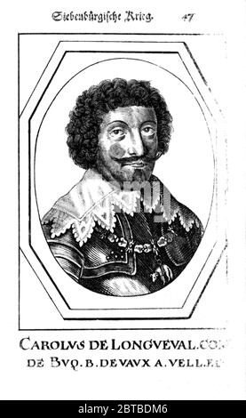 1600 ca, GERMANIA : il conte CHARLES Bonaventura de LONGUEVAL DE BUCQUOY ( Bonaventure , 1571 - 1621 ). Portrair inciso da artis non denificati, pubblicato nel 1647 . Francese nato ad Arras. Era un comandante militare che si è trovato a fare la guerra degli ottanta anni e per il Sacro Romano Impero durante la Guerra dei Trent'anni . - KAREL - CARLOS - Buenaventura - Asburg - Asburgo - Asburgo - Austria - SPAGNA - SPAGNA - NOBILITY - NOBILI tedeschi e spagnoli - Nobiltà tedesca e spagnola - illustrazione - incisione - incisione - colletto - colletto - baffi - baffi --- ARCO Foto Stock