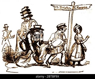 Venditori ambulanti di vestiti e cappello di Londra (conosciuti come chiobberisti) rubando dal cestino di bucato di un membro del suo pubblico in 1842 con un alberino del dito (segno) che mostra la strada a Brixton e Kensington. Foto Stock