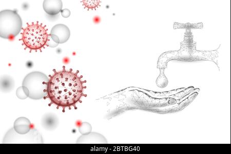 Interrompere il rendering 3D delle mani di lavaggio del coronavirus in bassa poly. Prevenzione infezione virus influenza polmonite. Acqua pulizia tecnologia medicina vettore Illustrazione Vettoriale