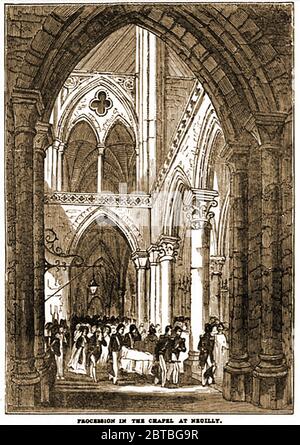 La processione funeraria in Francia del duca di Orleans (Principe Ferdinando Philippe di Orléans 1810-1842) dopo che morì saltando da una carrozza di fuga. Si dice che ha fratturato il cranio dopo aver saltato dal suo carro aperto quando i cavalli si sono imbullonati. (illustrazione 1842) Foto Stock