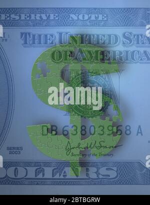 Il segno del dollaro jigsaw puzzle con pezzi per simboleggiare finanziari Soluzioni di denaro. Il rendering 3D Foto Stock