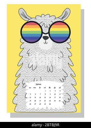 Calendario mensile carino del 2021 con lama, cactus, iscrizioni in stile scandinavo per bambini. Per Web, banner, poster, etichette e stampa. Illustrazione Vettoriale