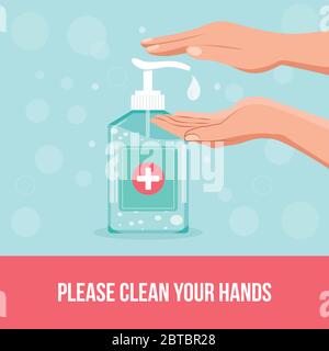 Come utilizzare correttamente l'igienizzatore per le mani per pulire e disinfettare le mani, infografica medica. Uso dell'igienizzatore per le mani. Illustrazione Vettoriale