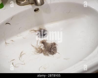 Capelli nel lavandino da taglio self-haircut. Foto Stock