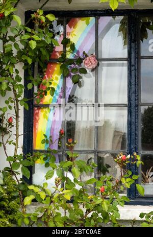 Haddenham Village, Regno Unito. NHS Rainbow in vetrina con cornice nera incastonata in una parete bianca con rose rosse che crescono intorno ad essa. I residenti tributi al personale della NHS durante il blocco di Coronavirus Pandemic. Credito: Stephen Bell/Alamy Foto Stock