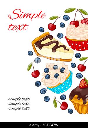 Carta promozionale per dessert vettoriali, design del menu del ristorante o del caffè. Modello flyer con frutti di bosco, muffin e cheesecake, stile cartone animato Illustrazione Vettoriale