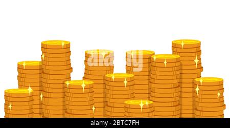 Pile alte di moneta d'oro, stile cartoon piatto. Monete d'oro mucchio di crescita finanziaria. Centinaia di contanti diversi mucchio. Simbolo di brillamento della valuta bancaria. Illustrazione vettoriale isolata Illustrazione Vettoriale