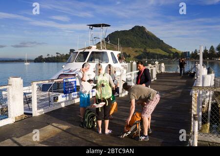 Traghetto al molo di Sailsbury a Mount Maunganui, Tauranga City, Isola del Nord, Nuova Zelanda Foto Stock