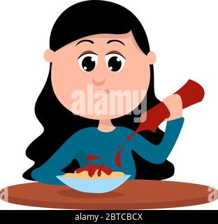 Mettendo ketchup sulla pasta , illustrazione, vettore su sfondo bianco Illustrazione Vettoriale