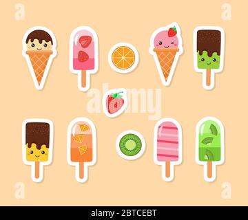Adesivi. Set di gelato su sfondo bianco. Illustrazione vettoriale Foto Stock