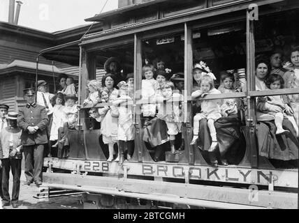 Madri e loro figli in trolley car che si dirigono al traghetto che li ha portato a Sea Breeze, Coney Island, in un viaggio sponsorizzato dalla Fresh Air Home della New York Association per migliorare le condizioni dei poveri Foto Stock