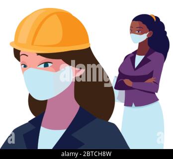 donne industriali con maschere facciali disegno vettoriale illustrazione Illustrazione Vettoriale