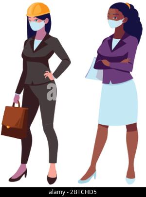 donne industriali con maschere facciali disegno vettoriale illustrazione Illustrazione Vettoriale