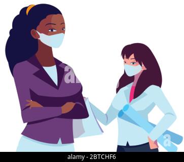 donne industriali con maschere facciali disegno vettoriale illustrazione Illustrazione Vettoriale
