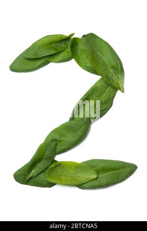 Il numero arabo '2' è composto da foglie di spinaci verdi fresche su sfondo bianco isolato. Naturale motivo bonatico fatto da foglie. alphab luminoso Foto Stock