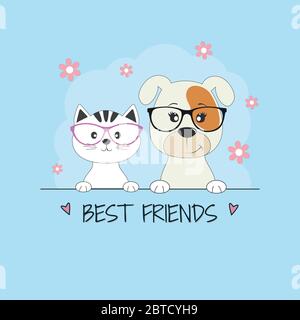Biglietto d'auguri, cartone animato gatto e cane migliori amici isolati su uno sfondo blu. Illustrazione Vettoriale