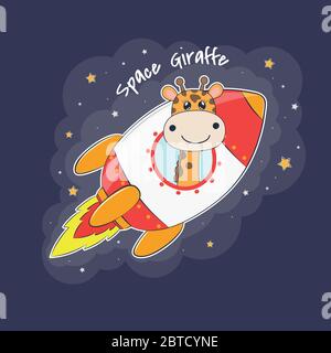 Carino astronauta di giraffa cartoon in un misterioso razzo nella notte del cielo. Illustrazione Vettoriale