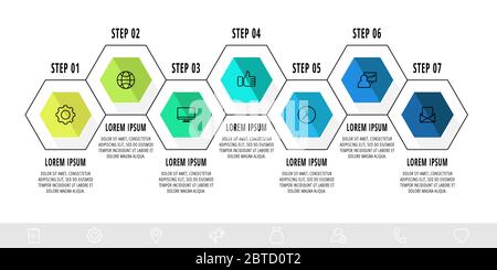 Infografica vettoriale aziendale. Linea temporale moderna con 7 esagoni. Utilizzato per il web design, marketing pubblicitario, layout del flusso di lavoro, report annuale, presentazione Illustrazione Vettoriale