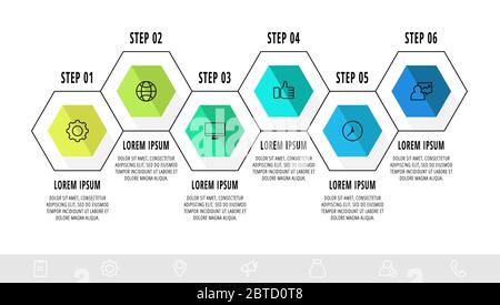 Infografica vettoriale aziendale. Timeline moderna con sei esagoni. Utilizzato per il web design, la pubblicità marketing, layout del flusso di lavoro, report annuale, presentazione Illustrazione Vettoriale