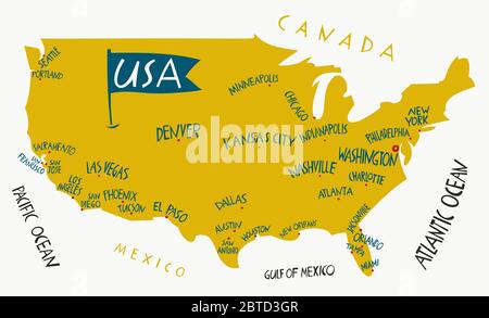 Mappa stilizzata disegnata a mano dagli Stati Uniti d'America. Illustrazione delle città degli Stati Uniti. Illustrazione scritta disegnata a mano. Nord America ma Illustrazione Vettoriale